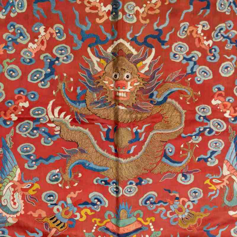 A silk red-ground embroidered dragon robe panel - 图2