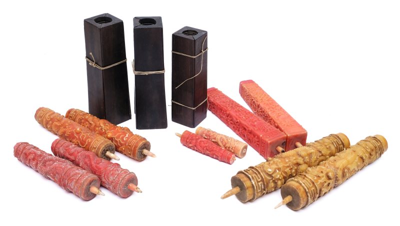 Three wooden imperial candle moulds with five-clawed dragon design