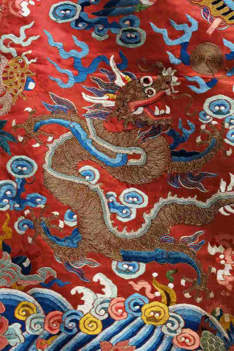 A silk red-ground embroidered dragon robe panel - 图6