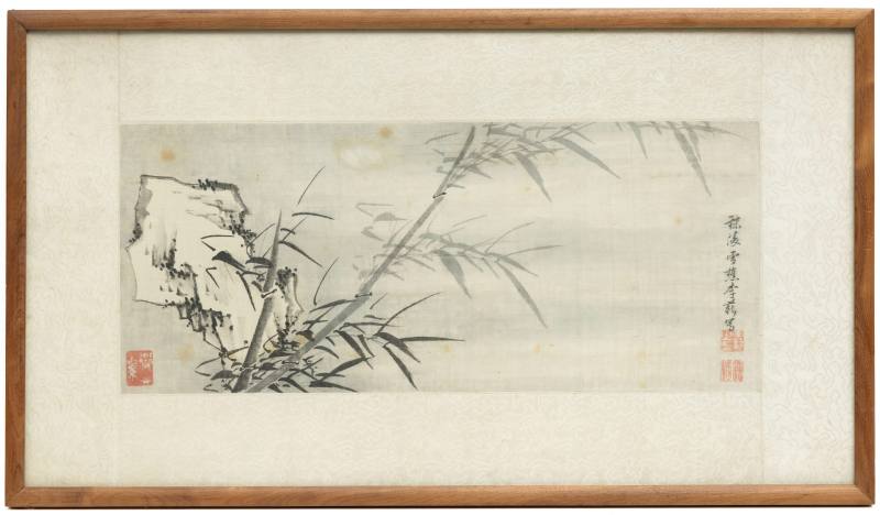 A horizontal floral painting in silk - bamboo and rock - 图2