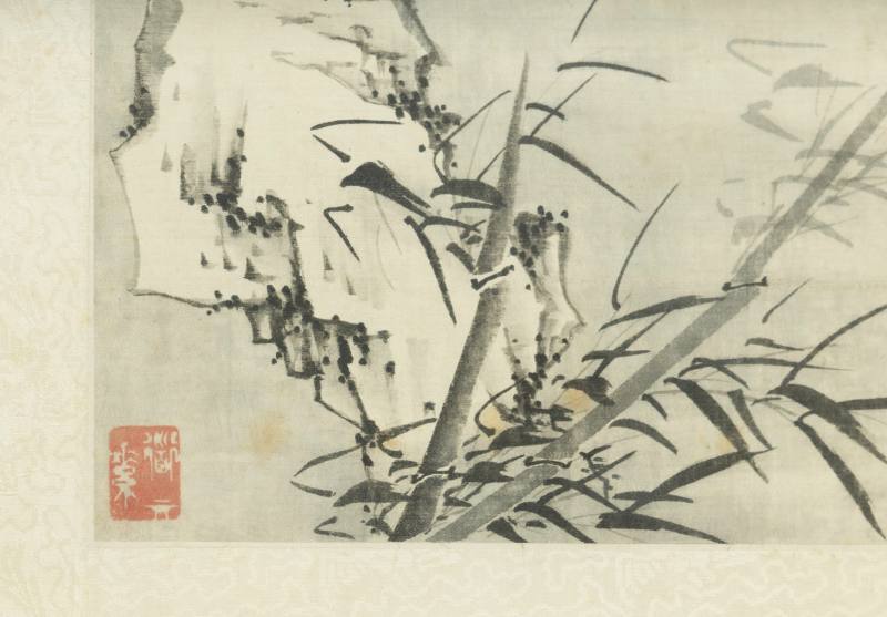 A horizontal floral painting in silk - bamboo and rock - 图4