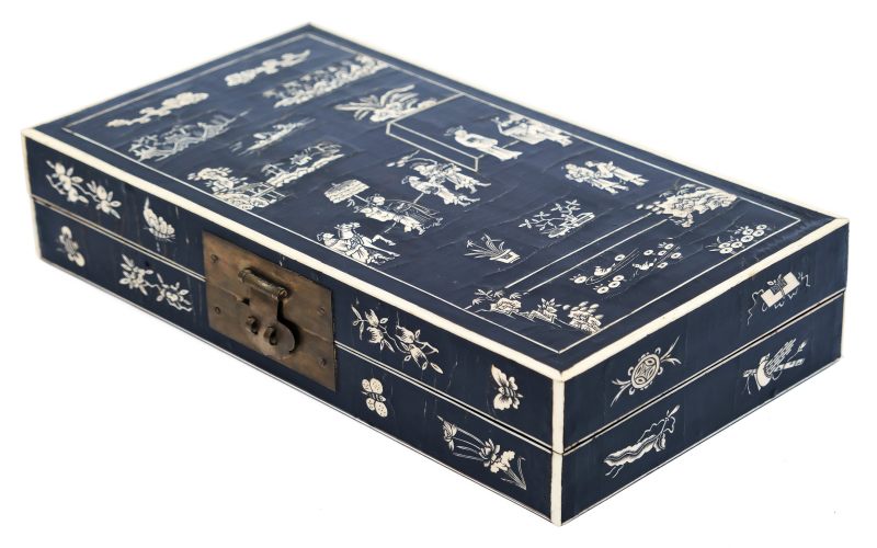 A bone-inset black lacquer rectangular document box and cover