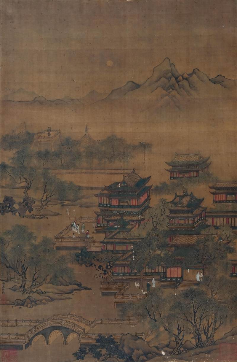 趙伯駒 | A palace scene with figures, signed and in the manner of Zhao Boju 趙伯駒