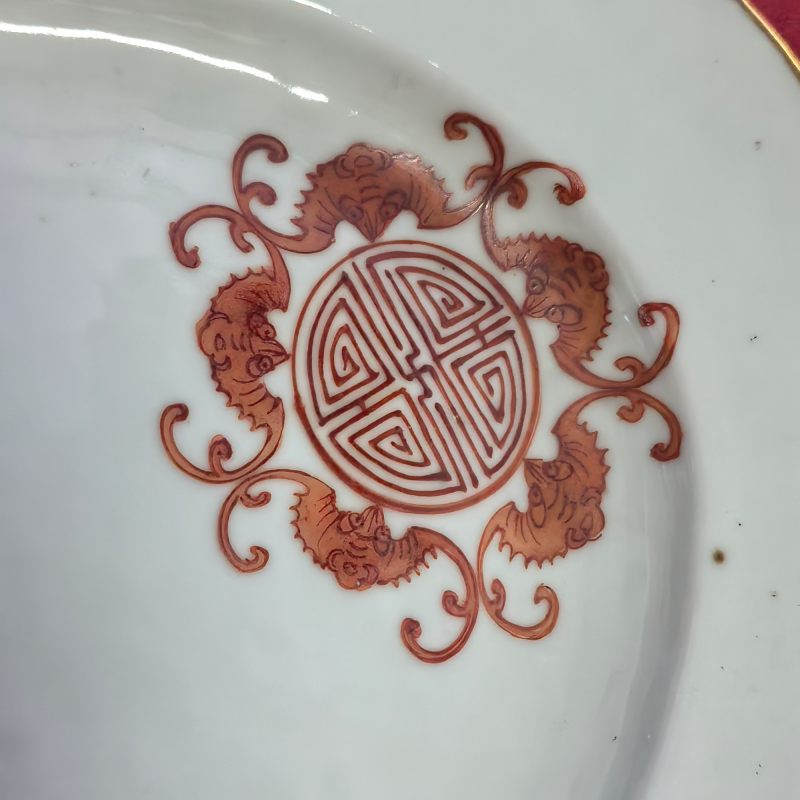 清晚期 矾红福寿纹盘 - 图4