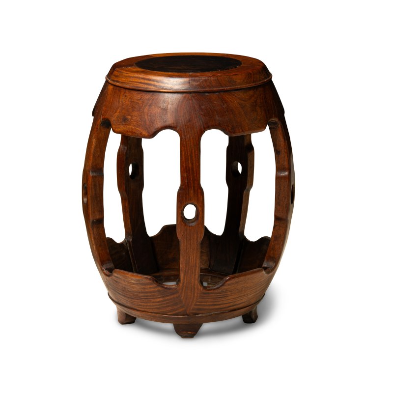 A huali and burlwood-inset barrel-form drum stool