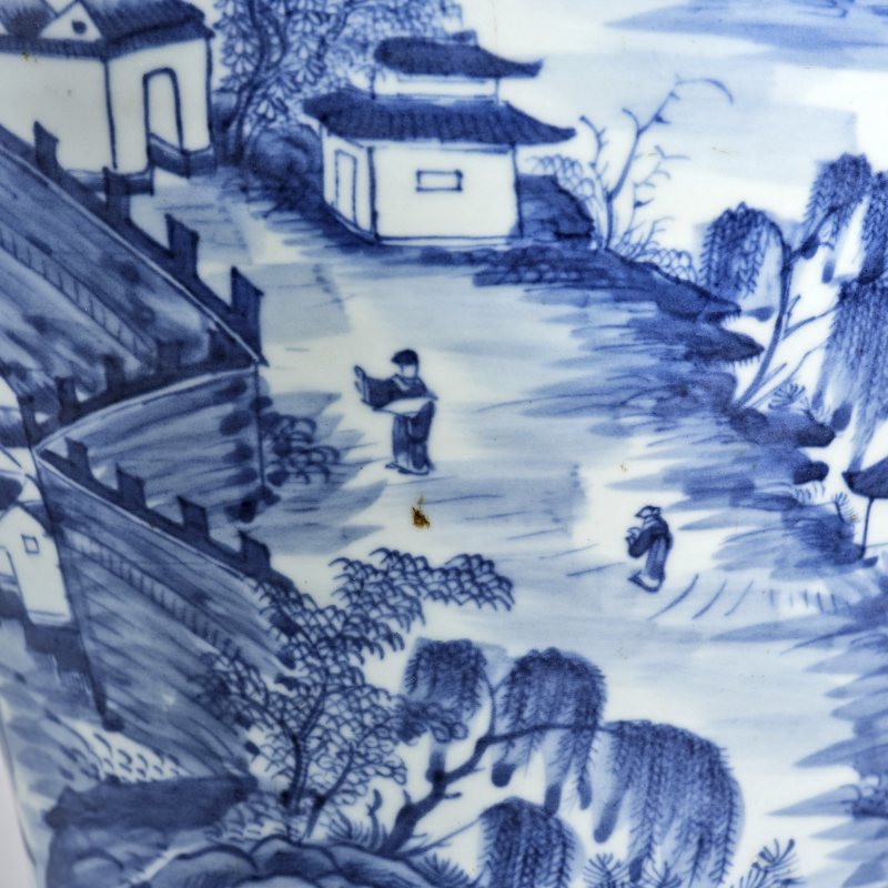 清道光 青花山水人物盖罐 - 图7