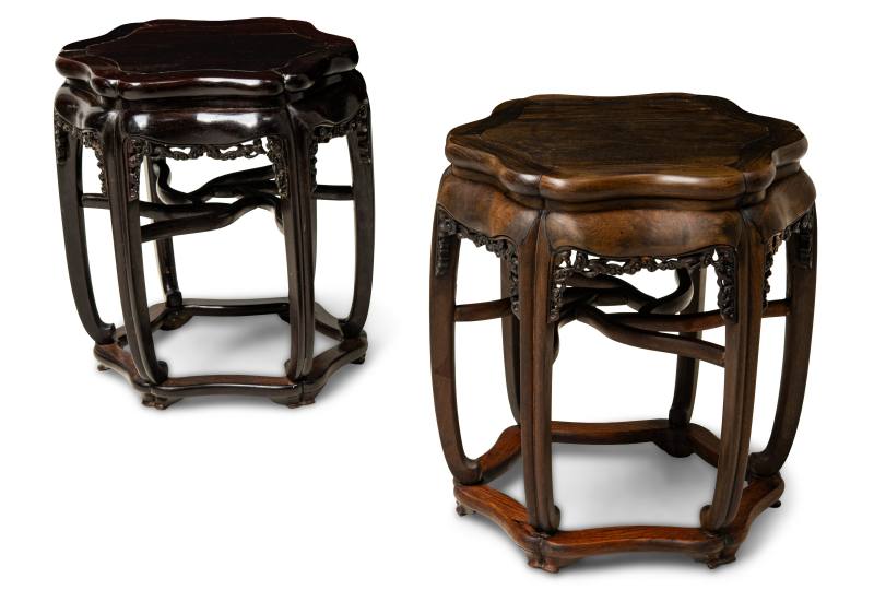 A pair of carved zitan lobed stools