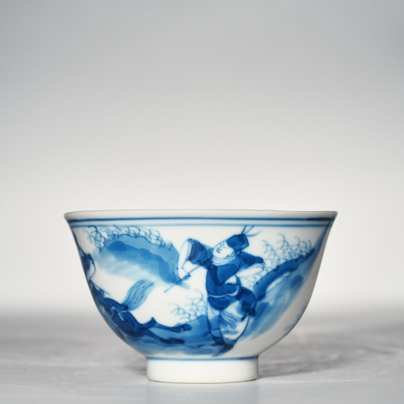 清晚期 青花狩猎图杯 - 图2