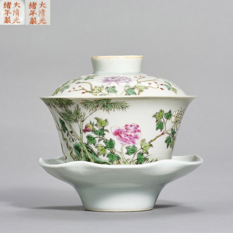 民国 粉彩花鸟三才盖碗