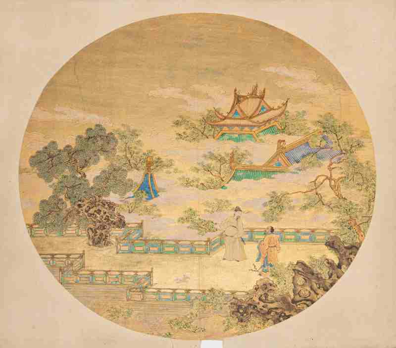 A gold-ground painting of a palace scene