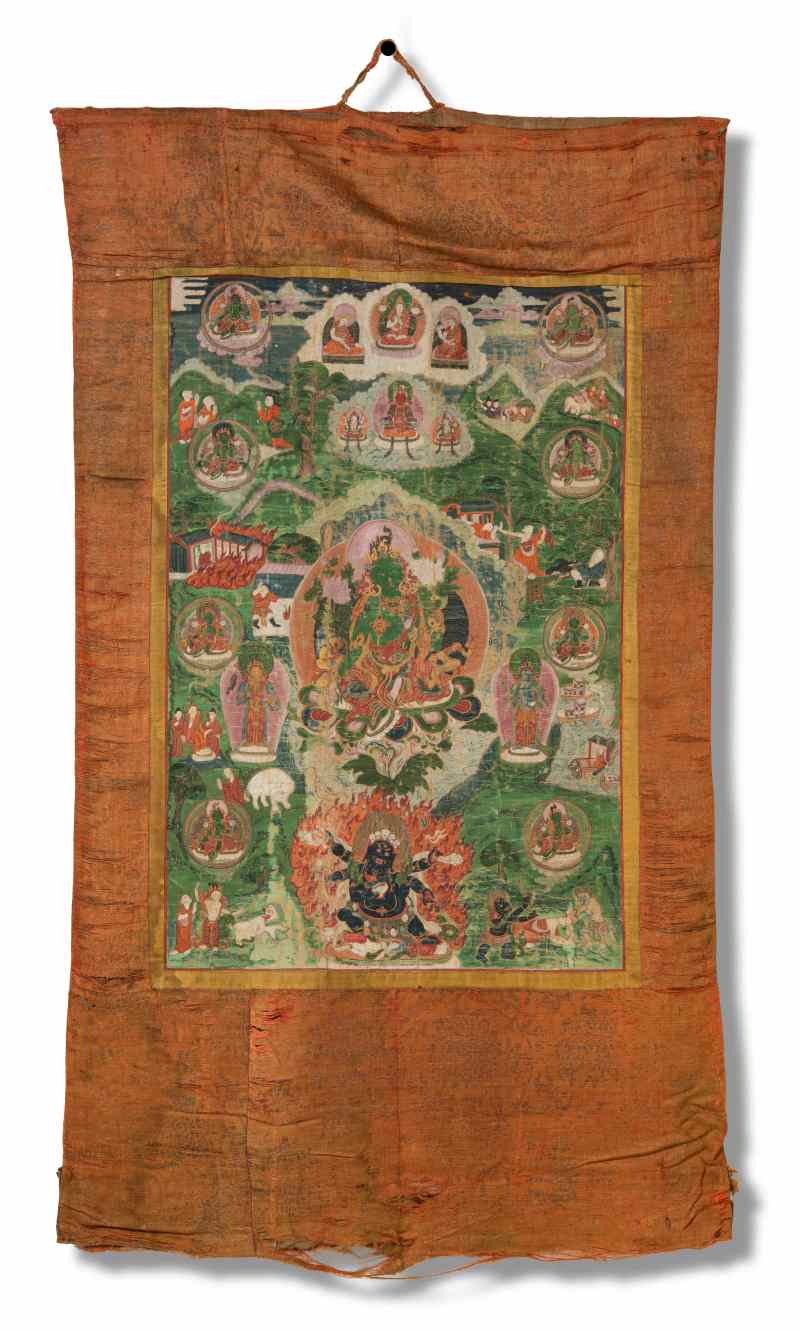 A Tibetan Thangka Depicting Green Tārā and Mahākāla