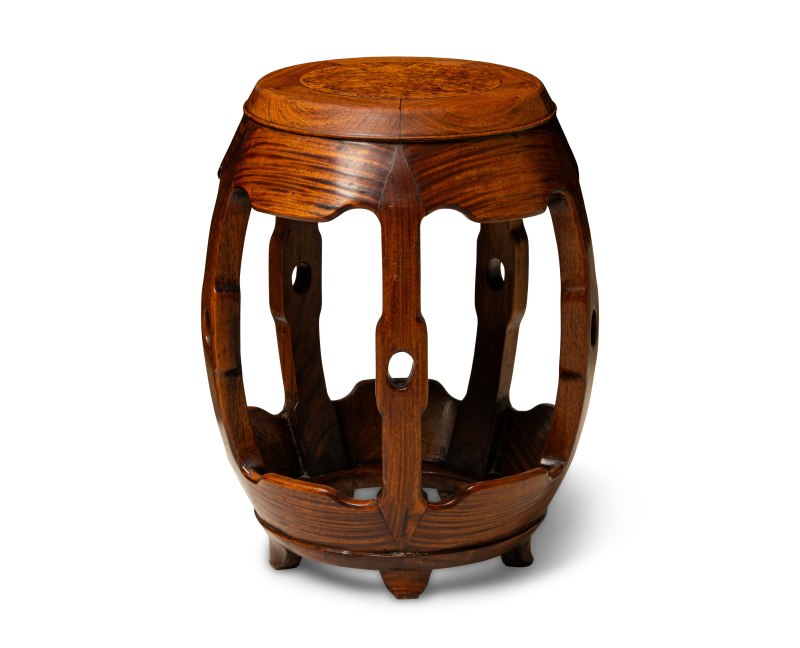 A huali and burlwood-inset barrel-form drum stool