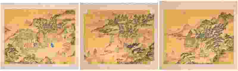 Three gold-ground paintings of scholars in a bamboo grove - 图1