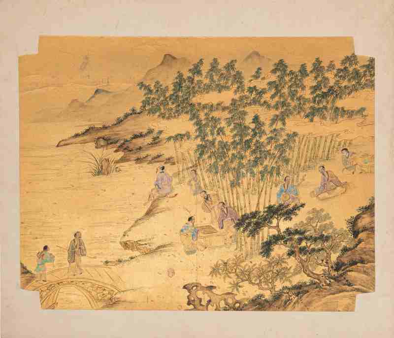 Three gold-ground paintings of scholars in a bamboo grove - 图2