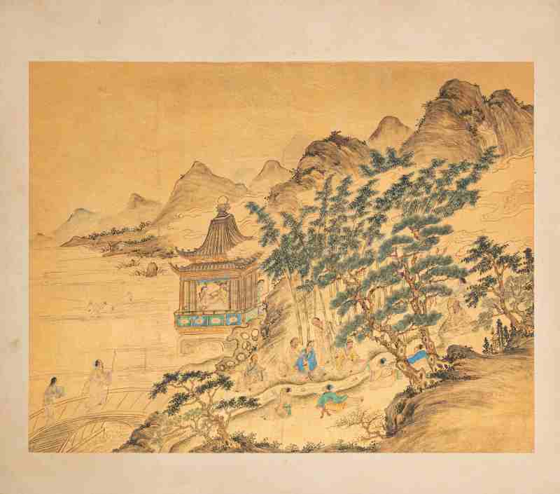 Three gold-ground paintings of scholars in a bamboo grove - 图3