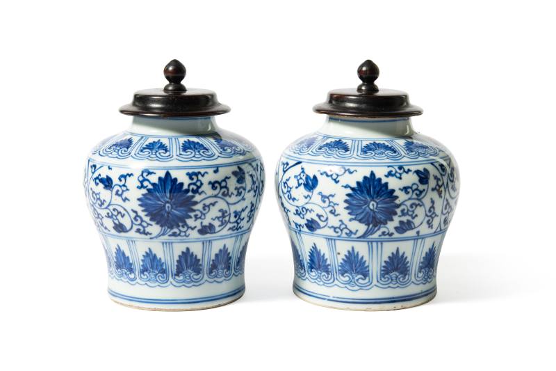 A pair of blue and white 'lotus' jarlets