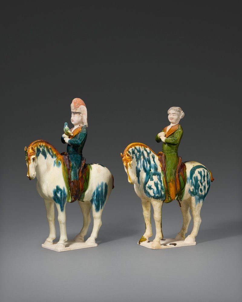 唐 三彩加藍騎馬俑一對  TANG DYNASTY (AD 618-907)