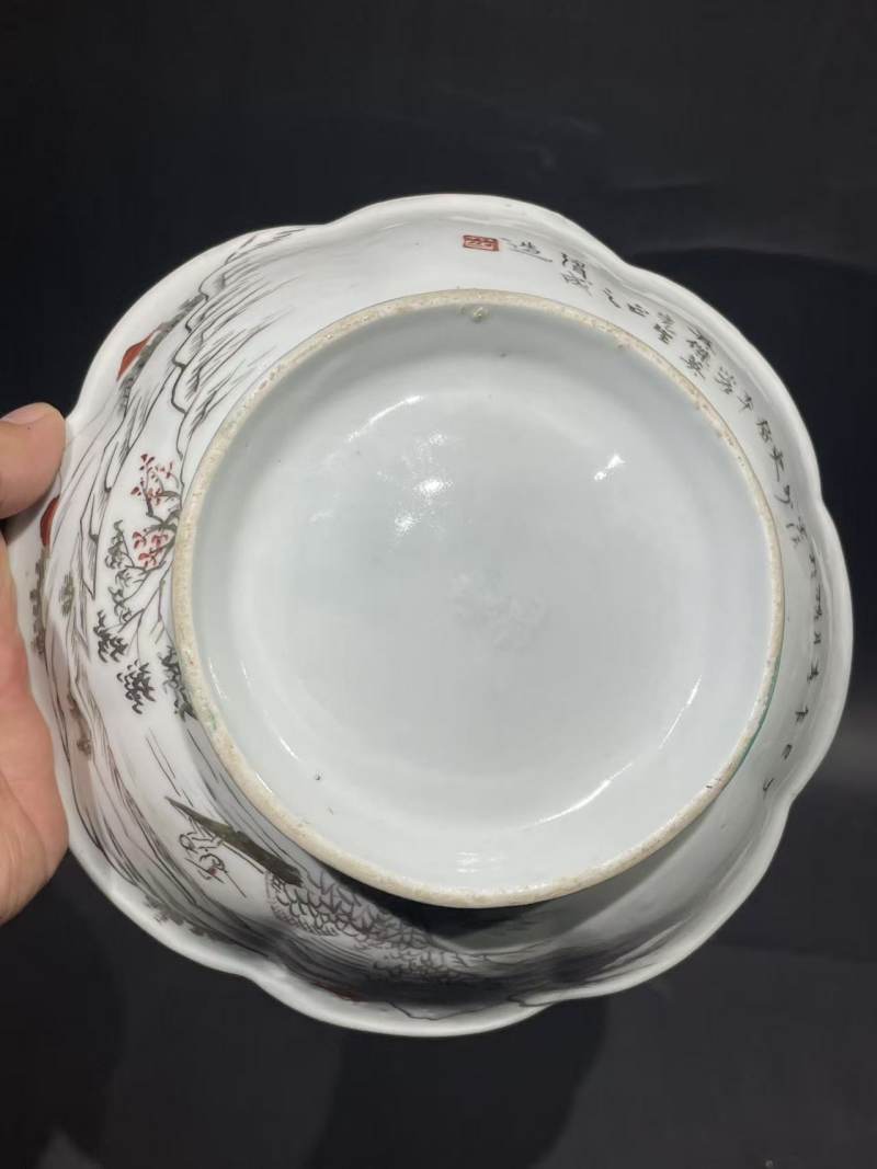 清墨彩山水纹花口供碗 - 图7