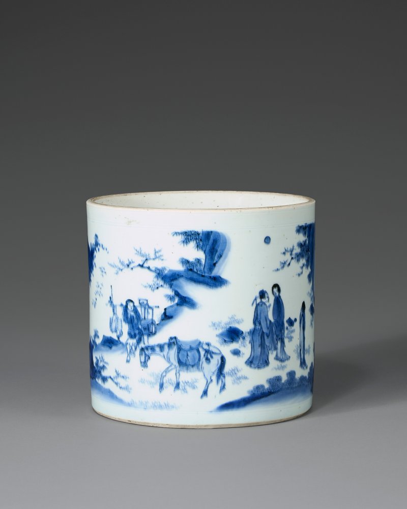 清順治 約1650年 青花西廂記「長亭送別」筆筒  SHUNZHI PERIOD, CIRCA 1650