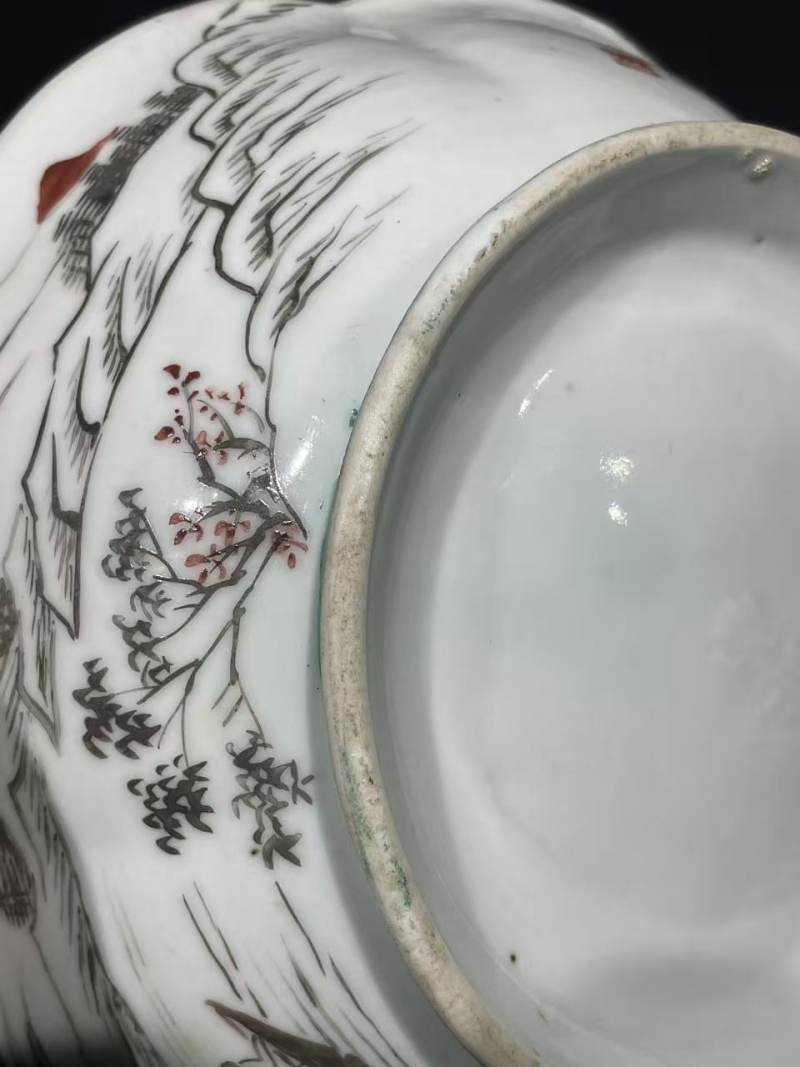清墨彩山水纹花口供碗 - 图8