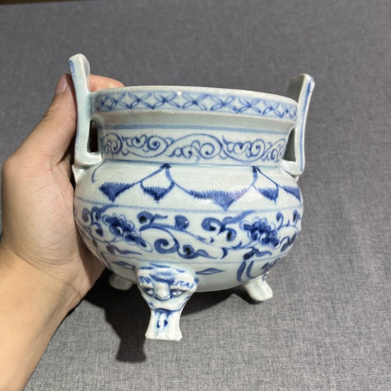 明早期青花花卉冲耳炉 - 图4