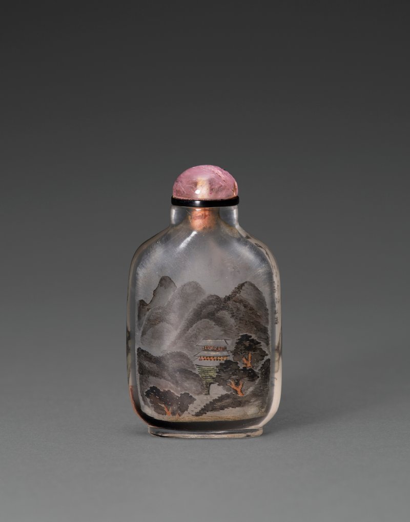 1760-1895年 水晶內畫山水樓閣鼻煙壺  款識：乙未夏自怡子作 - 图1