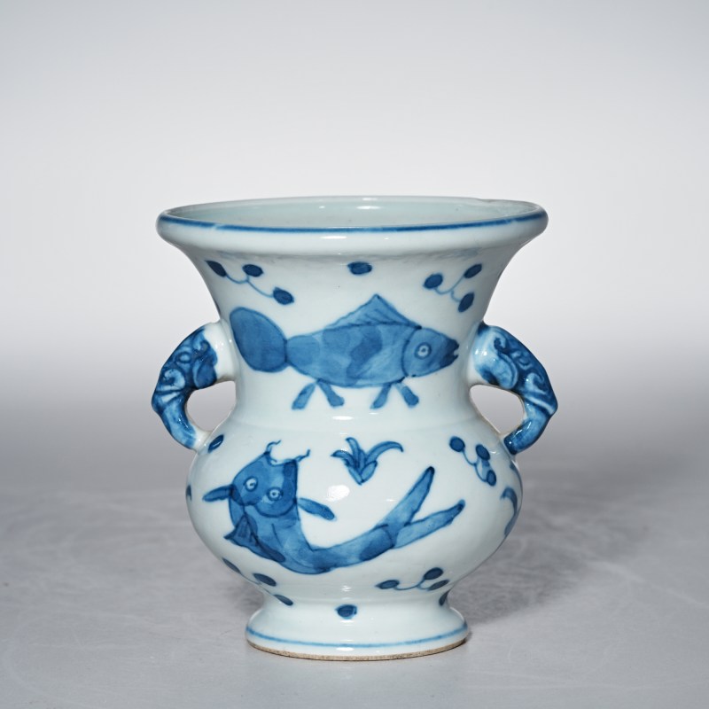 清晚期 青花鱼藻纹花囊 - 图4