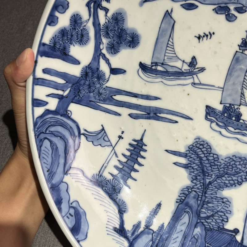 明晚期青花山水人物大盘 - 图6