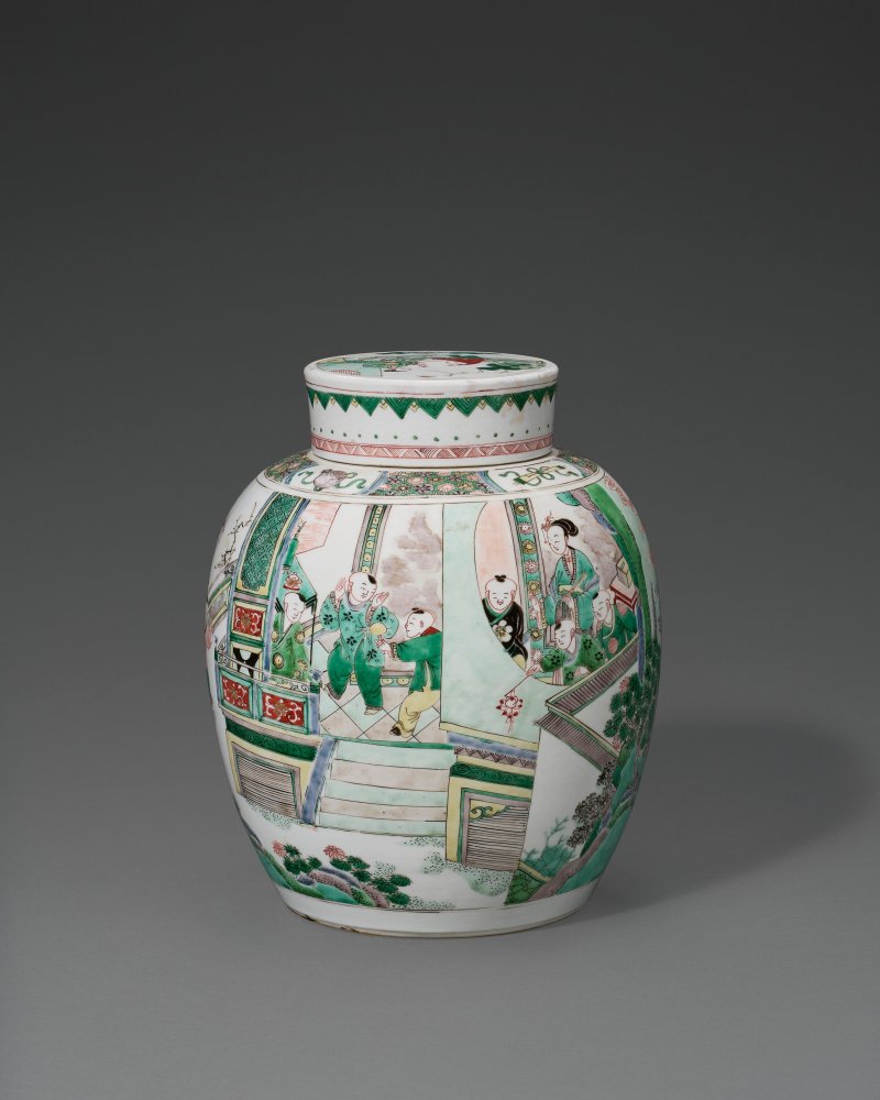 清康熙 五彩仕女嬰戲圖蓋罐  KANGXI PERIOD (1662-1722) - 图3
