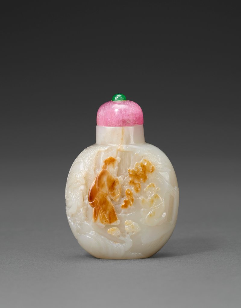 1740-1850年 蘇作白玉帶皮高士圖鼻煙壺  SUZHOU, 1740-1850 - 图1