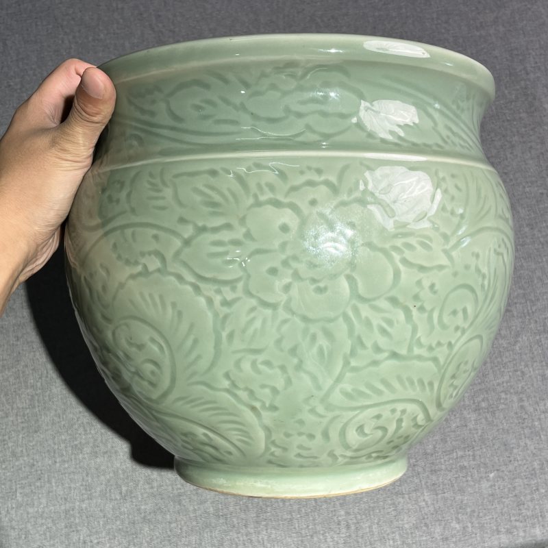 清豆青釉暗刻卷缸 - 图4