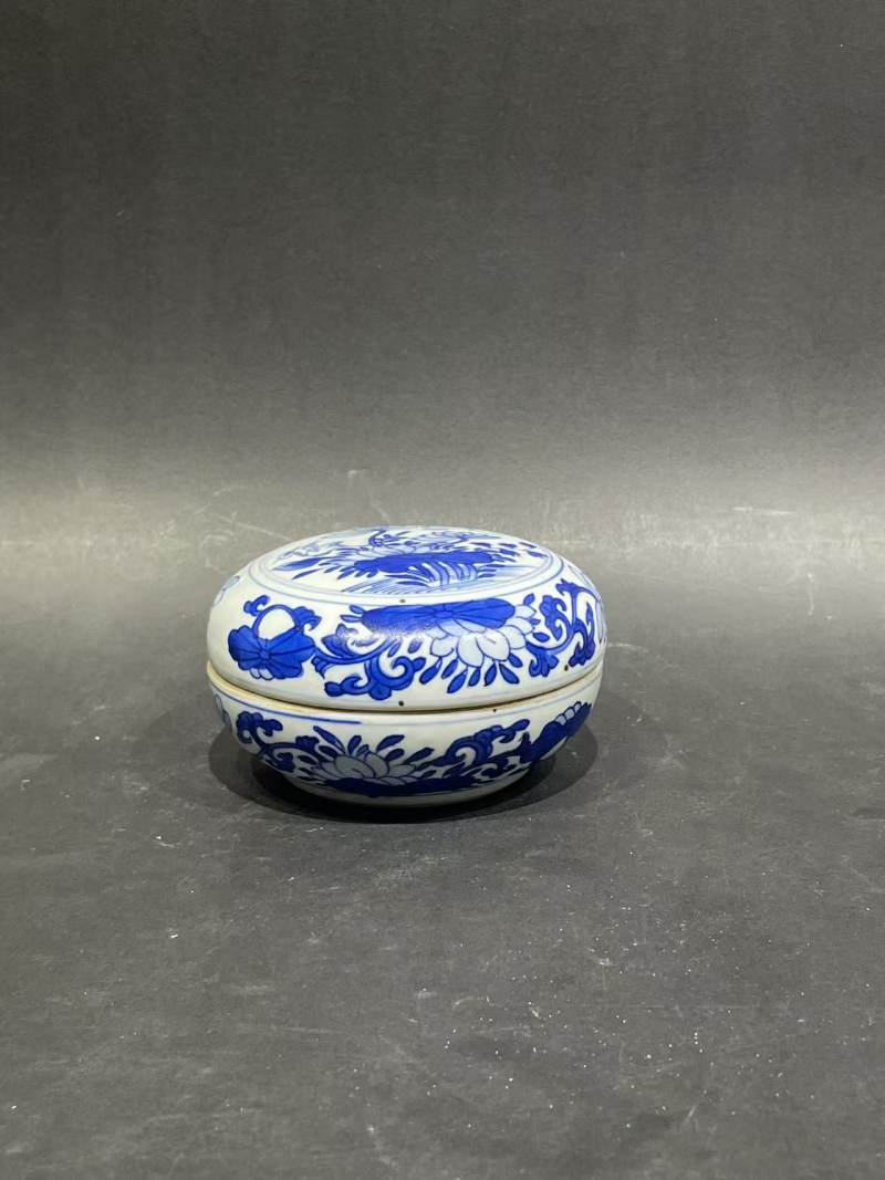 清康熙青花一路莲科印泥盒 - 图1