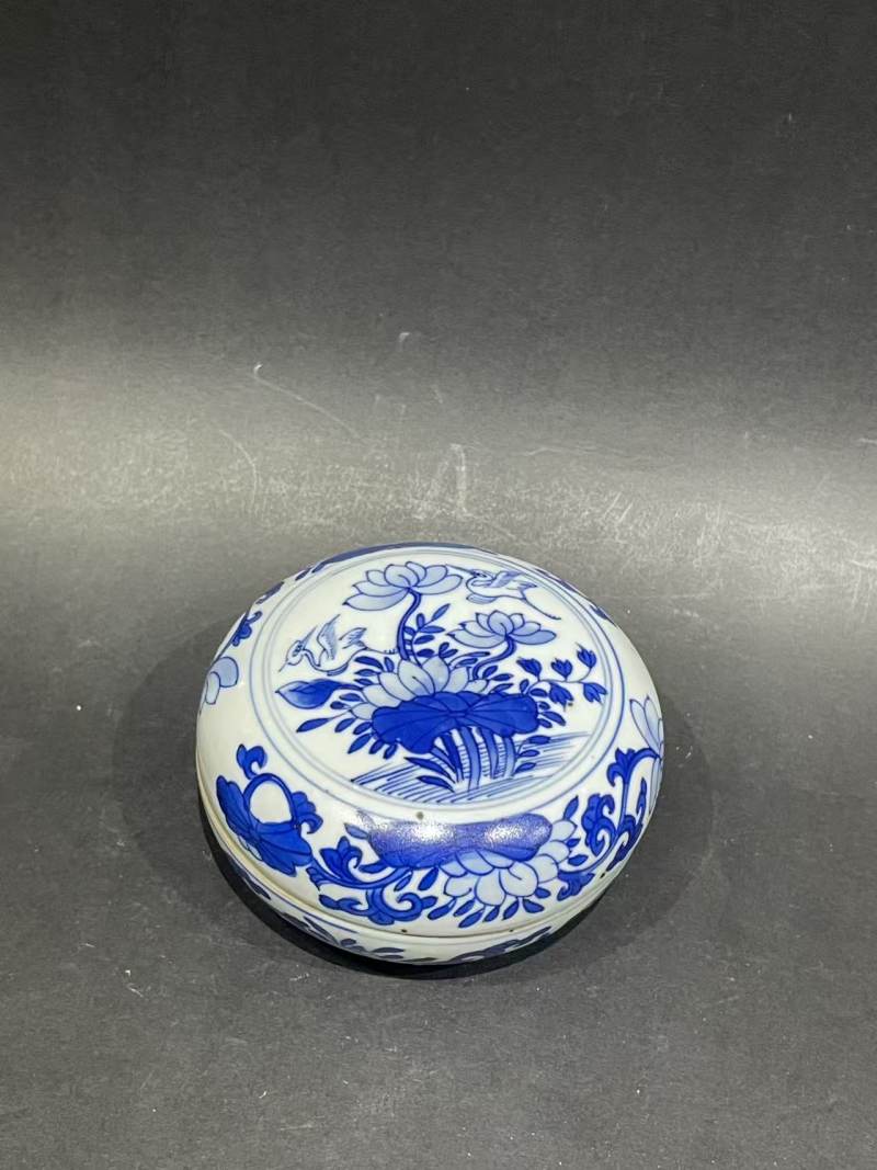 清康熙青花一路莲科印泥盒 - 图2
