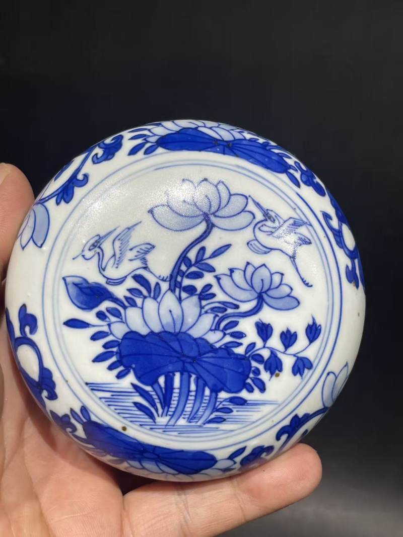清康熙青花一路莲科印泥盒 - 图3