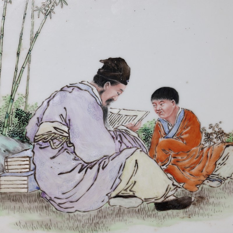 民国 刘希任风格粉彩竹林受读瓷板 - 图2