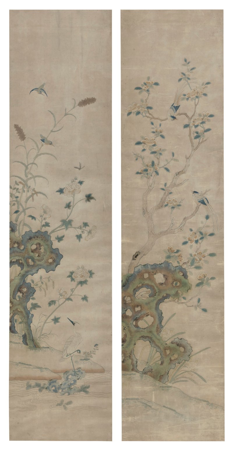 清十八世紀 絲繡壽石花鳥圖一對  18TH CENTURY - 图1