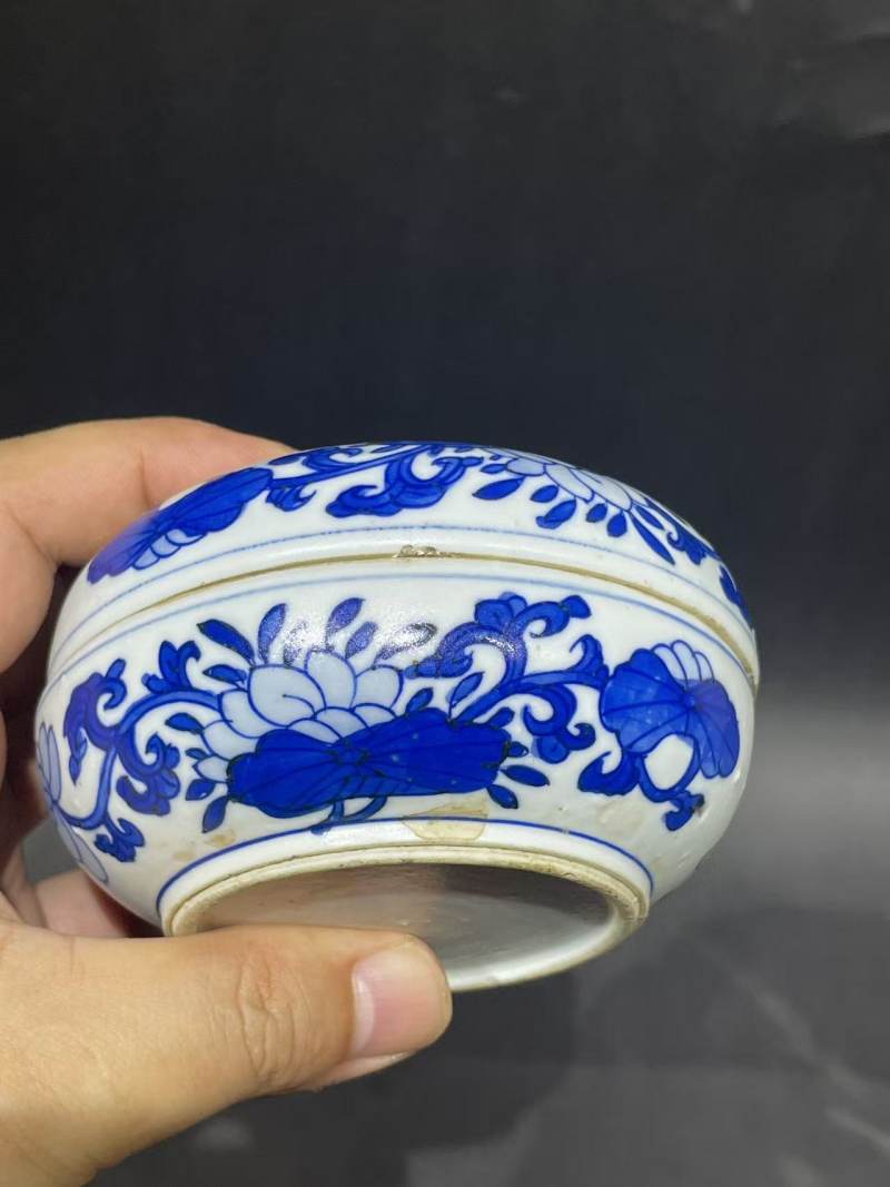 清康熙青花一路莲科印泥盒 - 图6