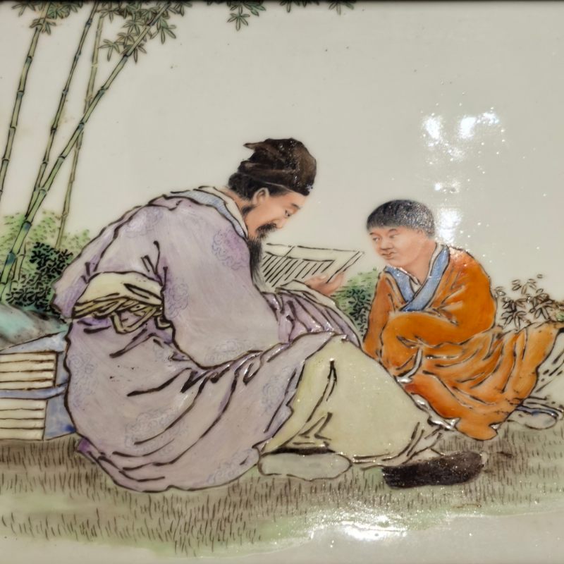 民国 刘希任风格粉彩竹林受读瓷板 - 图5