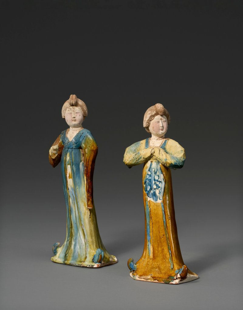 唐 三彩加藍仕女俑兩件  TANG DYNASTY (AD 618-907)