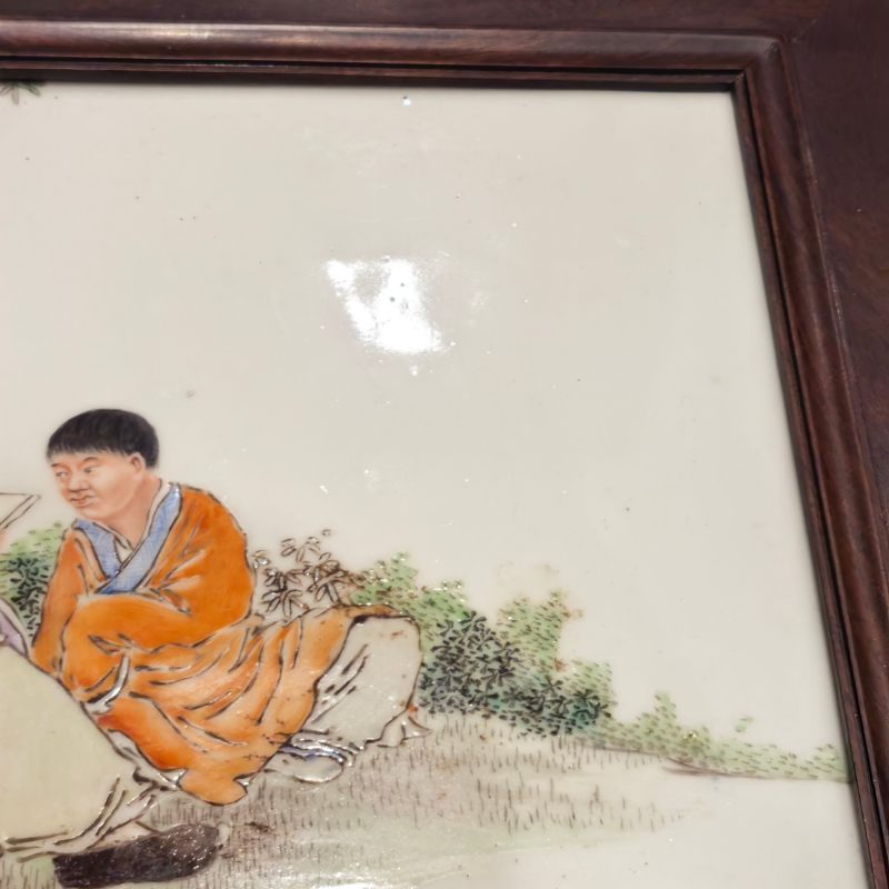 民国 刘希任风格粉彩竹林受读瓷板 - 图7
