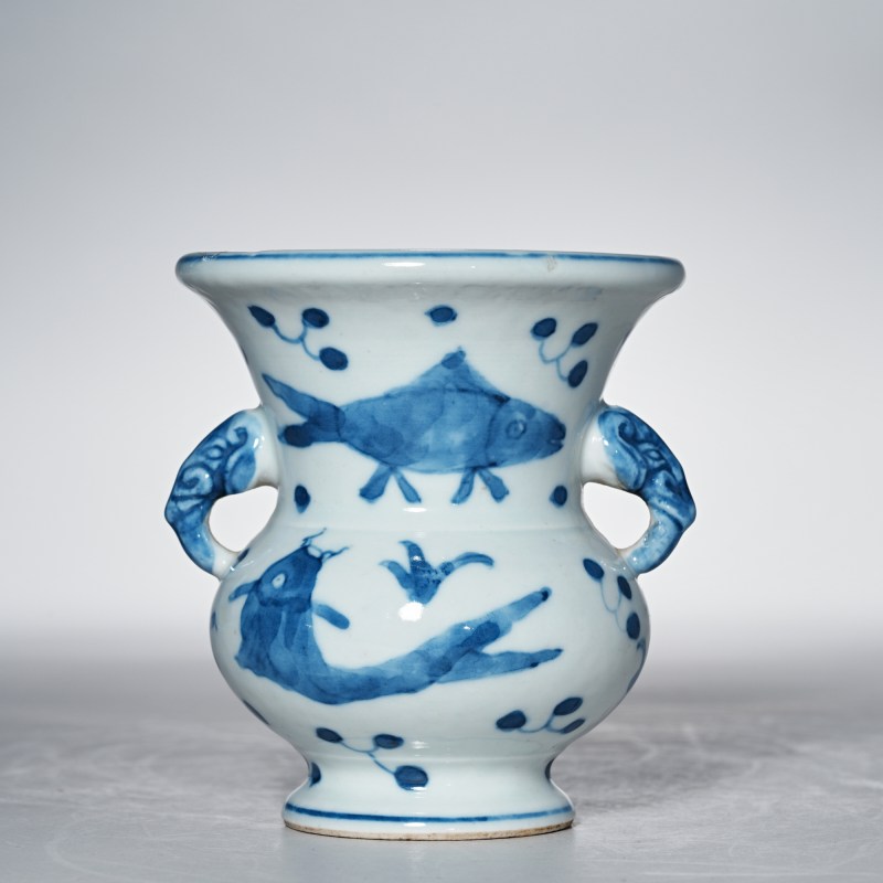 清晚期 青花鱼藻纹花囊 - 图2