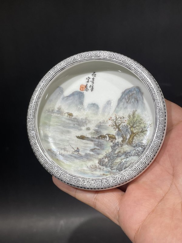 民国 粉彩山水诗文水洗 - 图3