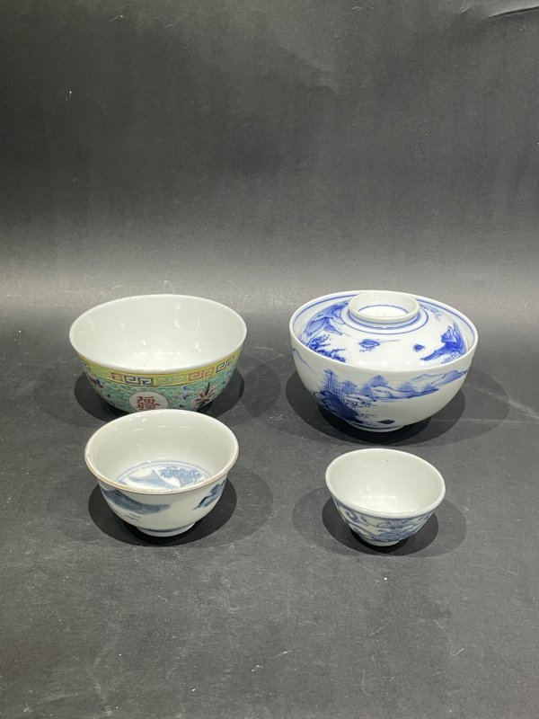 老青花粉彩盖碗 杯四件一组 - 图1