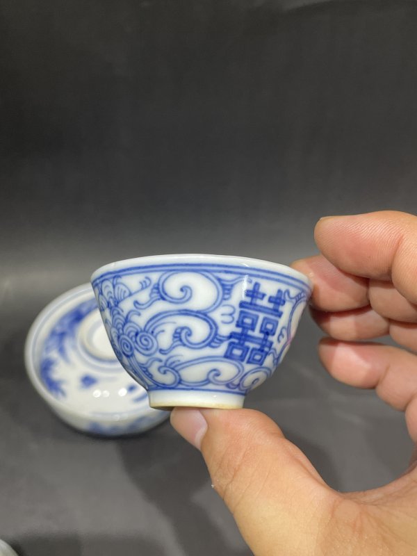 老青花粉彩盖碗 杯四件一组 - 图8