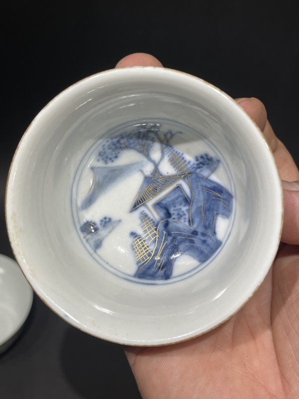 老青花粉彩盖碗 杯四件一组 - 图12