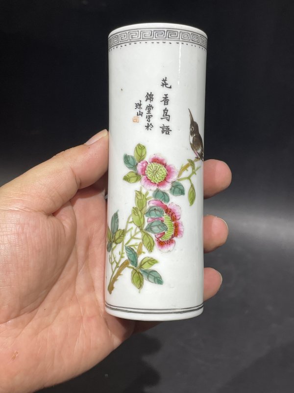 民国 粉彩花鸟诗文香筒 - 图2