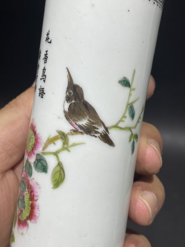 民国 粉彩花鸟诗文香筒 - 图5