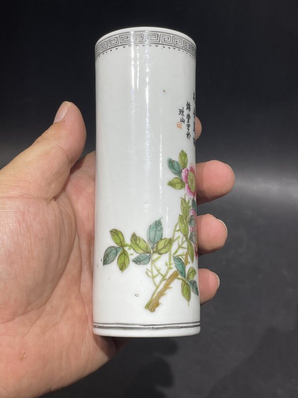 民国 粉彩花鸟诗文香筒 - 图8
