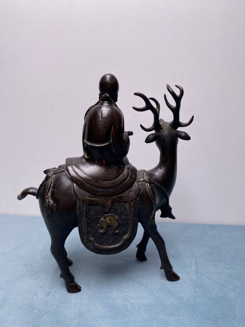明 铜局部鎏金寿星骑鹿香薰 - 图8