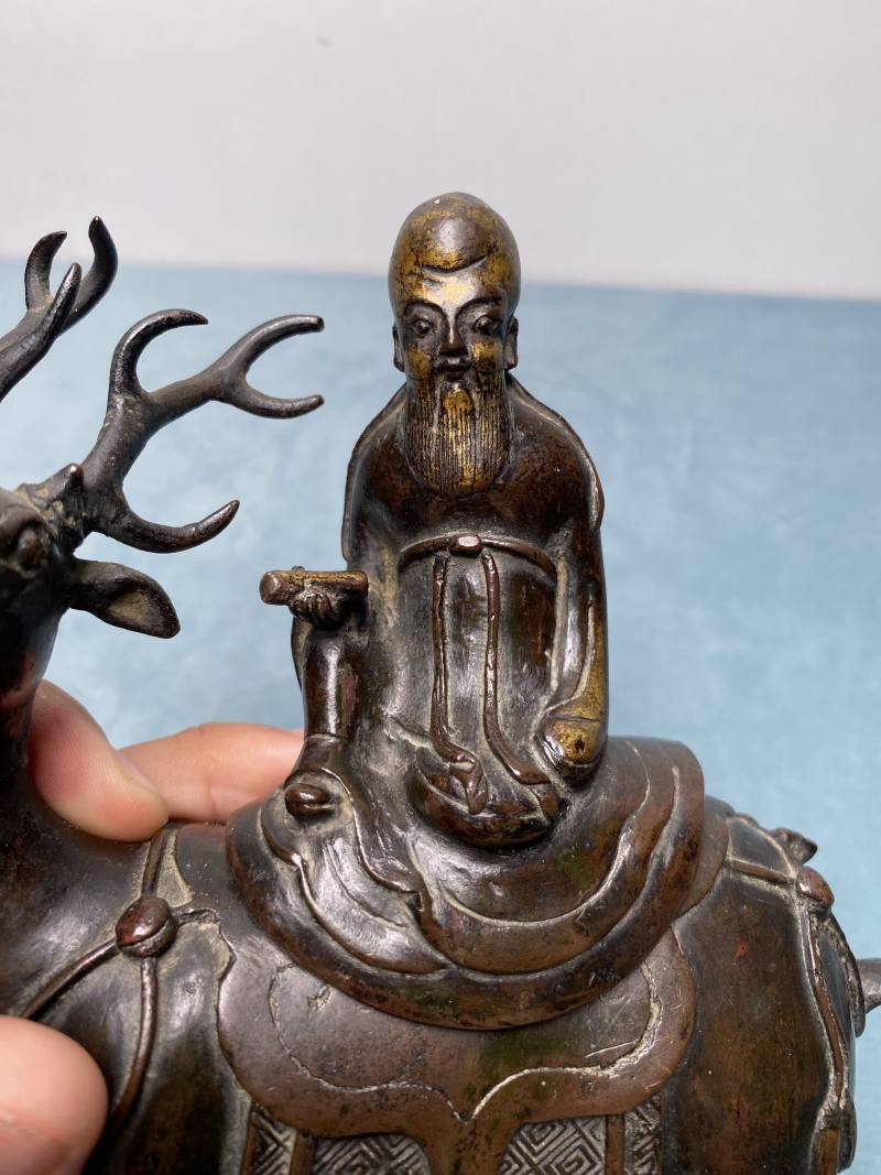 明 铜局部鎏金寿星骑鹿香薰 - 图9